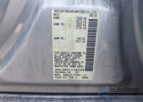 2015 Nissan Altima 2.5 S z USA, uszkodzony, nr VIN 1N4AL3APXFC158349